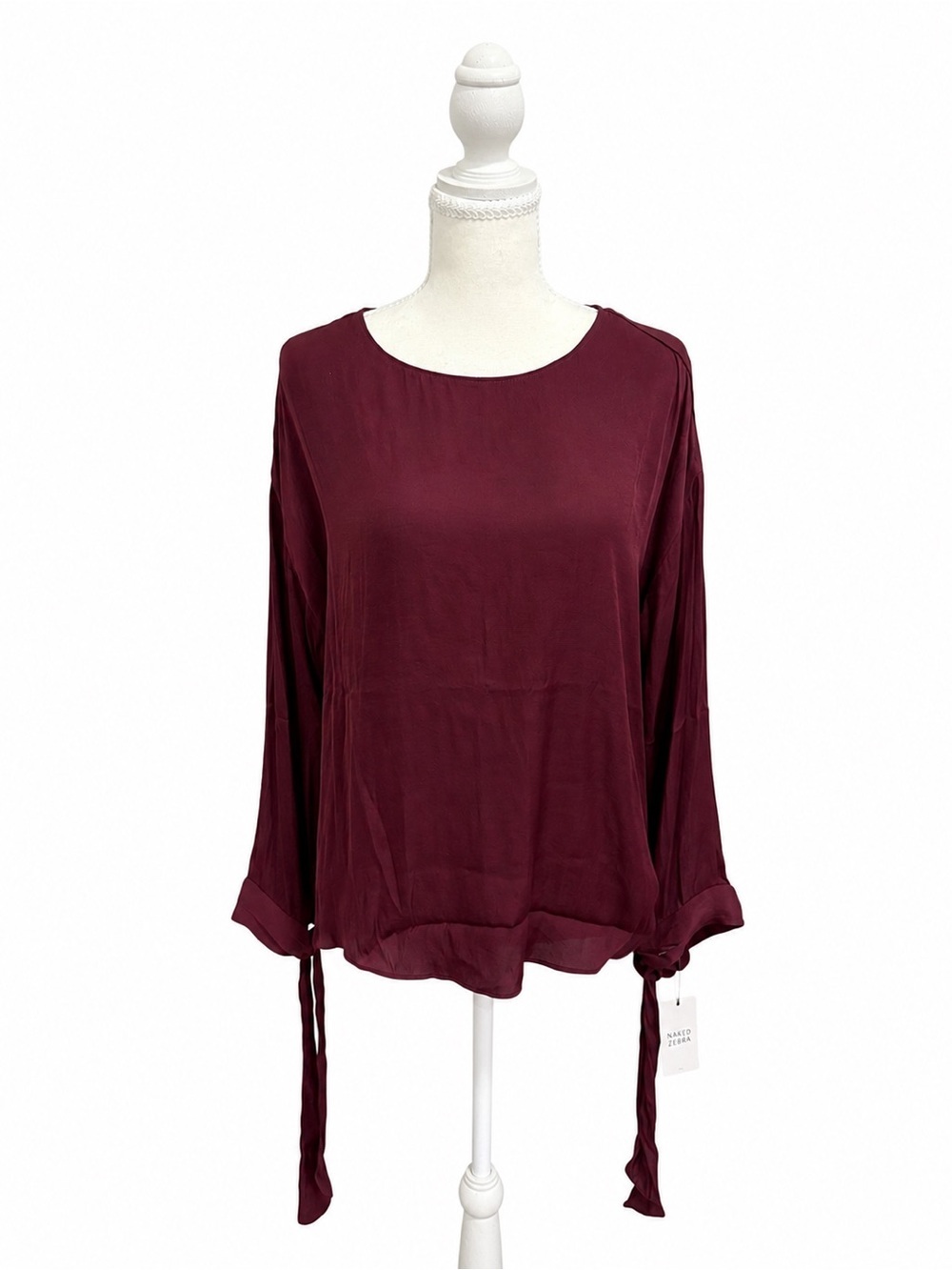 Naked Zebra Wine Tie-Cuff Long Sleeve Blouse